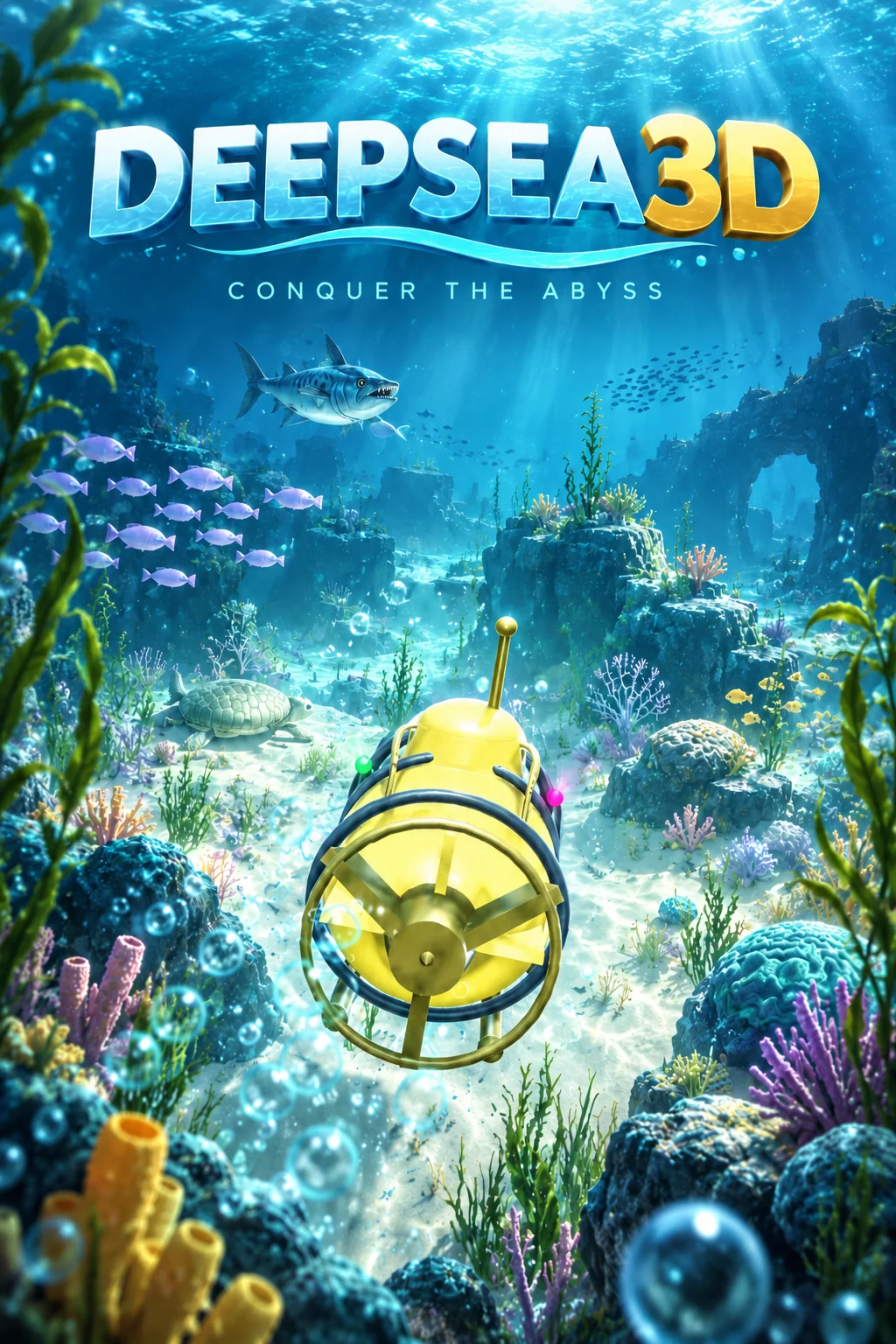 DeepSea3D cover art: a yellow submarine surrounded by coral, fish, and an underwater canyon