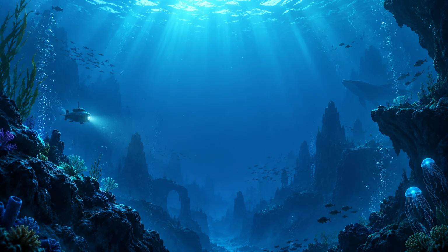 Promotional artwork of a yellow submarine exploring a luminous underwater canyon
