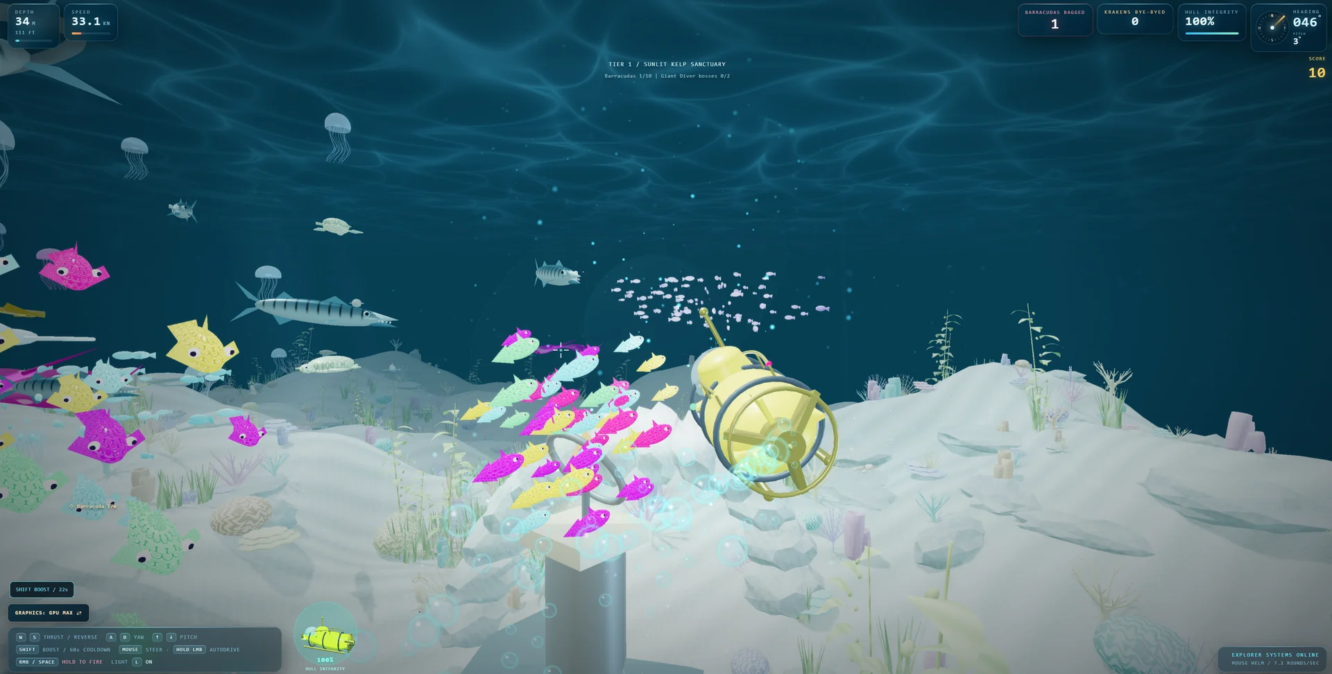 Actual DeepSea3D gameplay: a yellow submarine exploring a reef with colorful fish, jellyfish, and the cockpit HUD